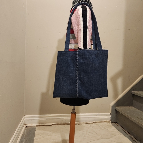 Elegant Handmade Denim Tote Bag With Custom Iron-on Transfer And Handmade Flower - Picture 6 of 6